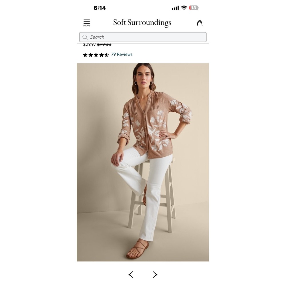 Soft Surroundings Alva Embroidered Knit Top Tan Floral Button Front 2GD61 Womens